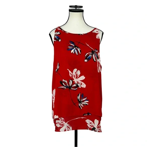 Willi Smith Red Floral Sleeveless Blouse Women’s Size Large Layered Hem Tank Top - Picture 2 of 11